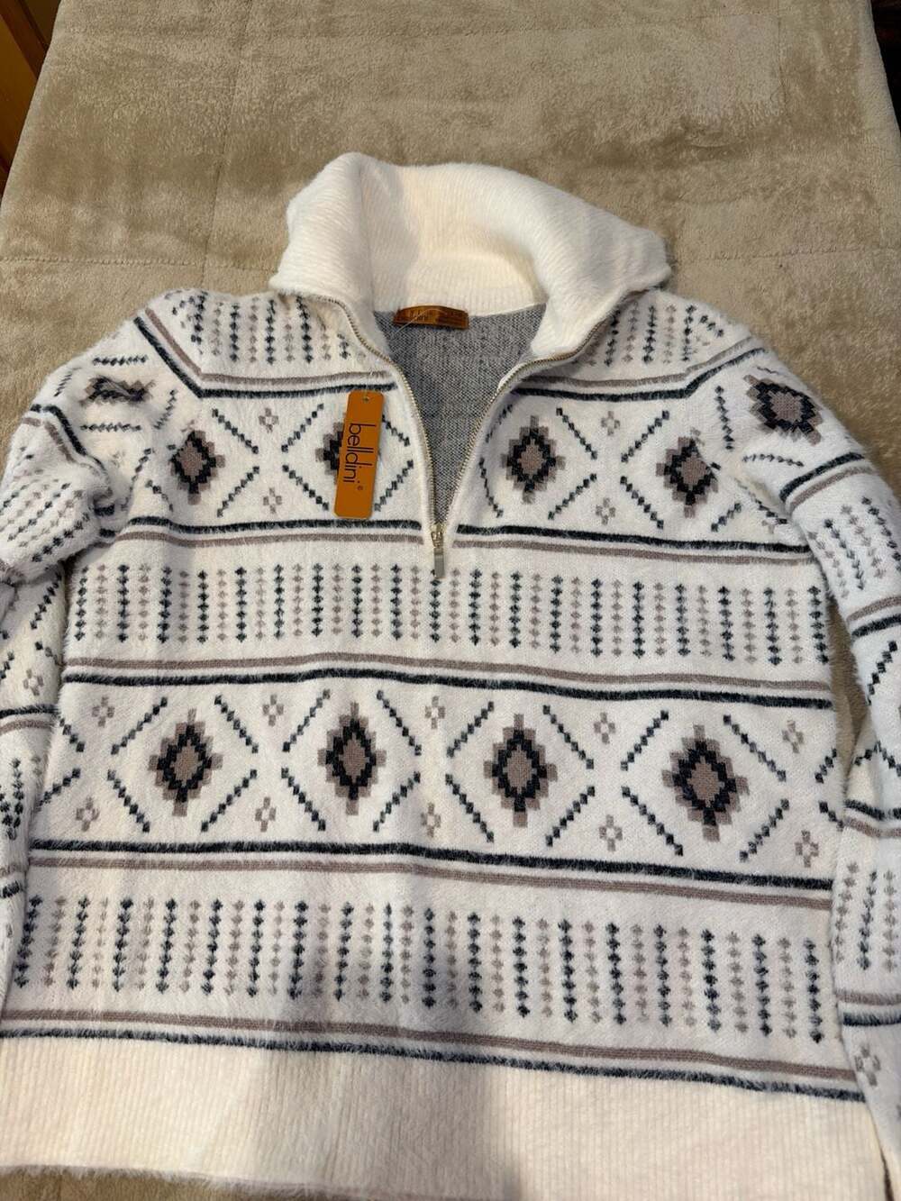 Belldini White Aztec‎ Southwest Print Quarter Zip Fuzzy Knit Sweater